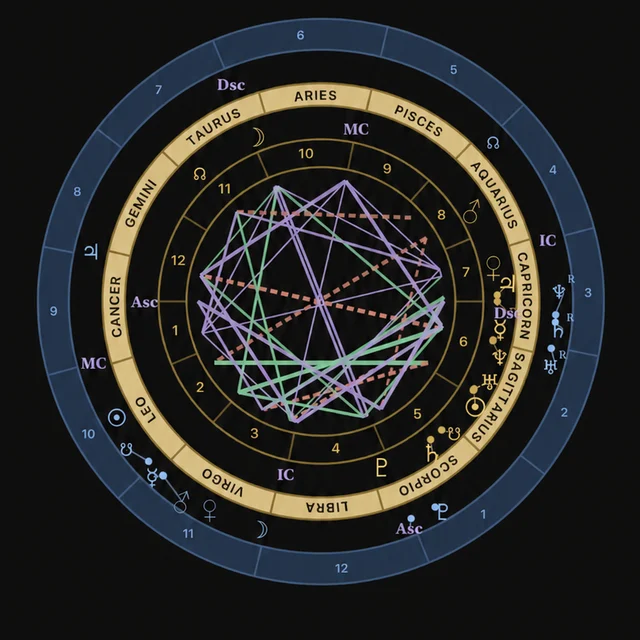 A natal chart wheel — zodiac signs around the rim, planets placed where they sat at birth, with aspect lines crossing the center.